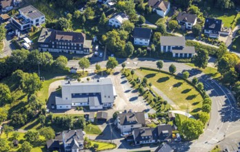 Aerial view, residential area and shooting hall Halberbracht, Lennestadt, Sauerland, North
