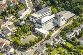 Aerial view, St. Ursula Gymnasium, solar roof, Neheim, Arnsberg, Sauerland, North Rhine-Westphalia,