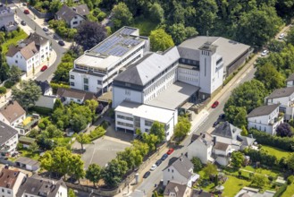 Aerial view, St. Ursula Gymnasium, solar roof, Neheim, Arnsberg, Sauerland, North Rhine-Westphalia,
