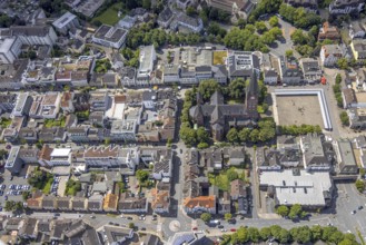 Aerial view, residential area on Hauptstrasse with St. Johannes Baptist Church, Neheim market,