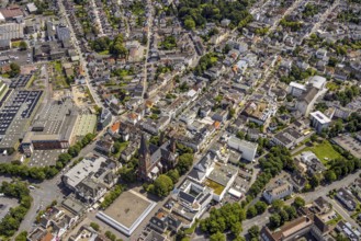 Aerial view, residential area on the main street with St. Johannes Baptist Church, Neheimer Markt,