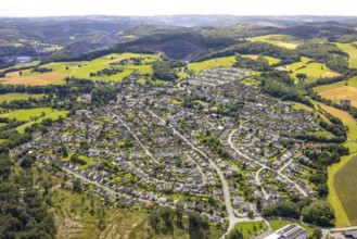 Aerial view, residential area local view Herdringen, forest area hilly landscape, Herdringen,
