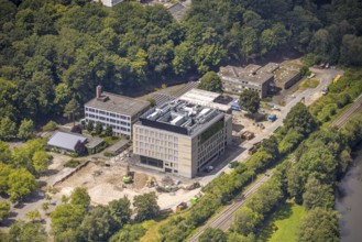 Aerial view, construction site and new building at the vocational college Technisch-gewerbliche
