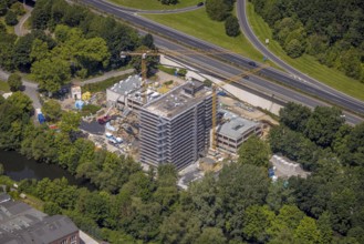 Aerial view, construction site with new Arnsberg town hall on the A46 motorway, Neheim, Arnsberg,