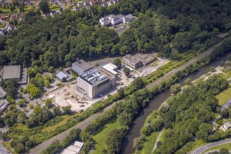 Aerial view, Hüsten, construction site and new building at the vocational college