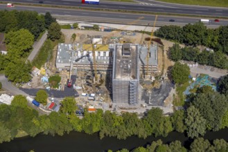 Aerial view, construction site with new Arnsberg town hall on the A46 motorway, Neheim, Arnsberg,