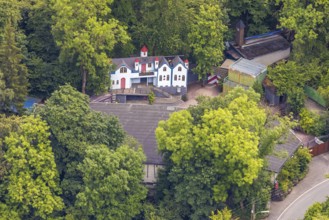 Aerial view, open air stage covered by trees and outbuildings with towers, Herdringen, Arnsberg,