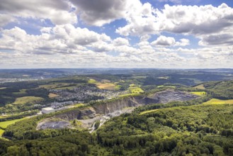 Aerial view, quarry Ebel Steinbruchbetriebe Werk Habbel, distant view and blue sky with clouds,
