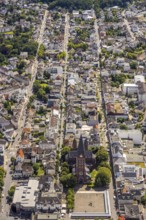 Aerial view, residential area on the main street with St. Johannes Baptist Church, Neheimer Markt,