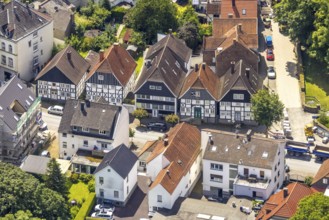 Aerial view, housing estate and half-timbered houses at the corner of Mendener Straße and