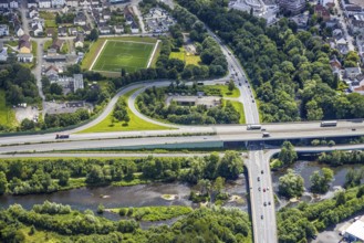 Aerial view, motorway junction Neheim of the A445 and federal road B7, river Möhne and Ruhr-Möhne