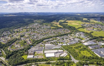 Aerial view, industrial area Von-Siemens-Straße, view of Bergheim, view into the Sauerland, distant