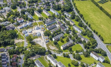 Aerial view, apartment buildings, housing estate Moosfelder Ring, terraced houses, Neheim,
