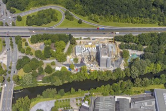 Aerial view, construction site with new Arnsberg town hall on the A46 motorway, Neheim, Arnsberg,