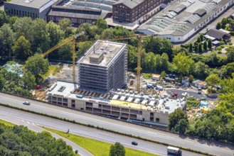 Aerial view, construction site with new Arnsberg town hall on the A46 motorway, Neheim, Arnsberg,