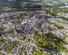 Aerial view, residential area on Hauptstraße with St. Johannes Baptist Church and Neheimer Markt,
