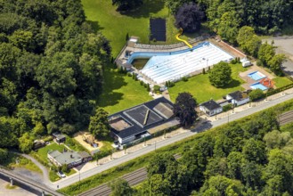 Aerial view, outdoor swimming pool Neheim, swimming pool without water, in the forest area at the