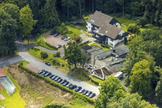 Aerial view, Rodelhaus Hotel and Restaurant, next to the Dorint Hotel, Neheim, Arnsberg, Sauerland,