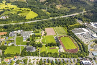 Aerial view, Solepark Große Wiese Freizeitbad Naß, sunbathing lawn and swimming pool, Gradierwerk