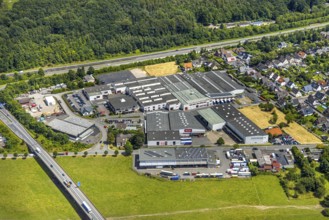 Aerial view, industrial estate Unterm Breloh, Miele plant, Hüsten, Arnsberg, Sauerland, North
