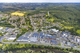 Aerial view, industrial estate Dieselstraße with solar panel on the company buildings, river Ruhr,
