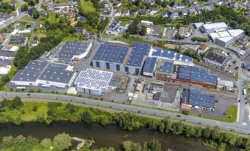 Aerial view, industrial estate Dieselstraße with solar panel on the company buildings, river Ruhr,