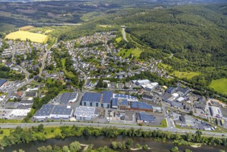 Aerial view, industrial estate Dieselstraße with solar panel on the company buildings, river Ruhr,