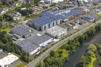 Aerial view, industrial estate Dieselstraße with solar panel on the company buildings, river Ruhr,