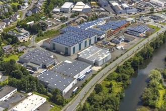 Aerial view, industrial estate Dieselstraße with solar panel on the company buildings, river Ruhr,