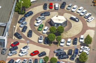 Aerial view, Skoda Autohaus Jost GmbH & Co. KG, new cars set up in the district, Niedereimer,