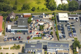 Aerial view, Skoda Autohaus Jost GmbH & Co. KG, new cars set up in the district, Niedereimer,
