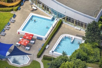 Aerial view, Solepark Große Wiese Freizeitbad Naß, swimming pool and sunshades, Hüsten, Arnsberg,