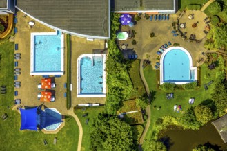 Aerial view, Solepark Große Wiese Freizeitbad Naß, swimming pools and sunshades, Hüsten, Arnsberg,
