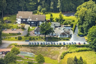 Aerial view, Rodelhaus Hotel and Restaurant, next to the Dorint Hotel, Neheim, Arnsberg, Sauerland,