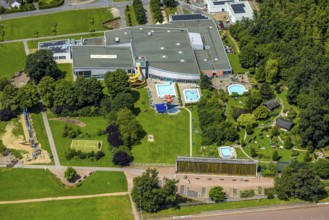 Aerial view, Solepark Große Wiese leisure pool wet with water slide, sunbathing lawn and swimming
