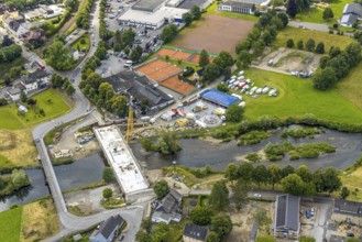 Aerial view, temporary bridge and construction site with new construction of the Dinscheder