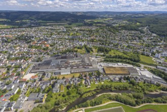 Aerial view, Reno de Medici plant for cardboard products on the Ruhr river, RDM Group, residential