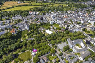 Aerial view, park with river Ruhr and promenade, Neumarkt and Auferstehungskirche, festival hall of