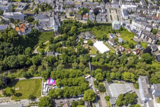 Aerial view, park with river Ruhr and promenade, Neumarkt and Auferstehungskirche, festival hall of