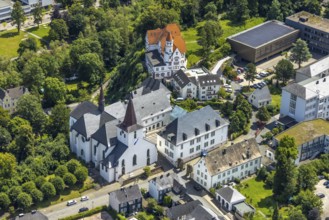 Aerial view, Wedinghausen Monastery and St. Laurentius Catholic Provost Church, villa with spire