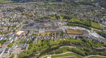 Aerial view, Reno de Medici plant for cardboard products on the river Ruhr, RDM Group, residential