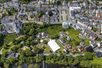 Aerial view, park with river Ruhr and promenade, Neumarkt and Church of the Resurrection, festival
