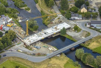 Aerial view, temporary bridge and construction site with new construction of the Dinscheder
