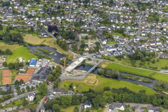 Aerial view, temporary bridge and construction site with new construction of the Dinscheder