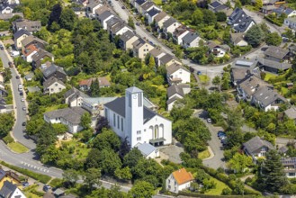 Aerial view, St. Pius Catholic Church, construction site behind the church, residential area