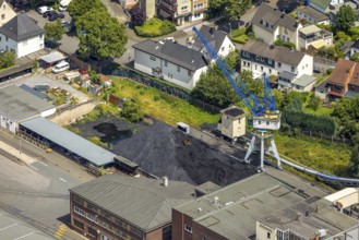 Aerial view, coal stockpile of R.D.M. Arnsberg GmbH paper mill, Arnsberg, Sauerland, North