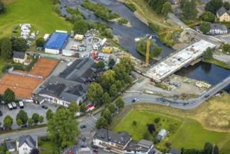 Aerial view, temporary bridge and construction site with new construction of the Dinscheder