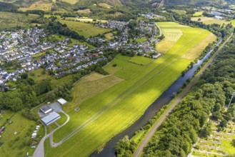 Aerial view, Ruhraue and gliding area Oeventrop-Ruhrwiesen, meadow landscape at the river Ruhr,