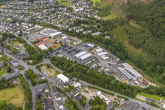 Aerial view, commercial area Unterm Limburg, Am Hilgenacker, residential area at the forest, Bad