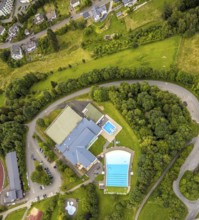 Aerial view, Rothaarbad outdoor pool, Rothaar Wellenfreibad, vertical shot, Bad Berleburg,